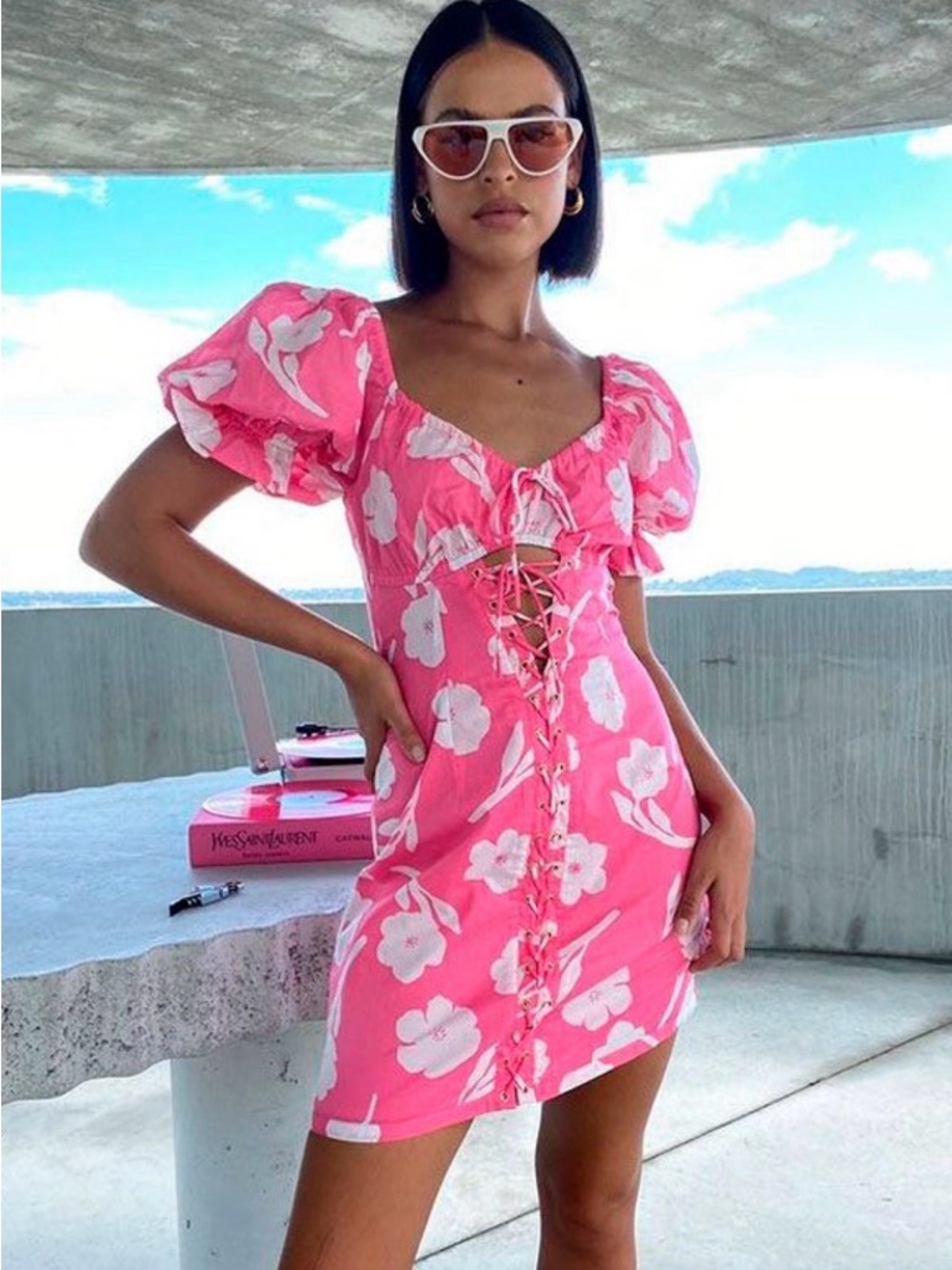 Sabo Skirt Pink Floral Lace-Up Mini Dress